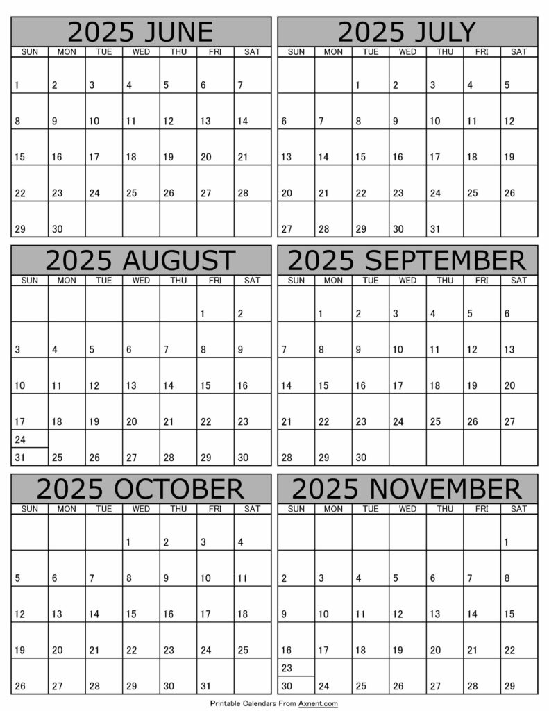 June To November 2025 Calendar Templates - Six Months - 6 Month Printable Calendar 2025