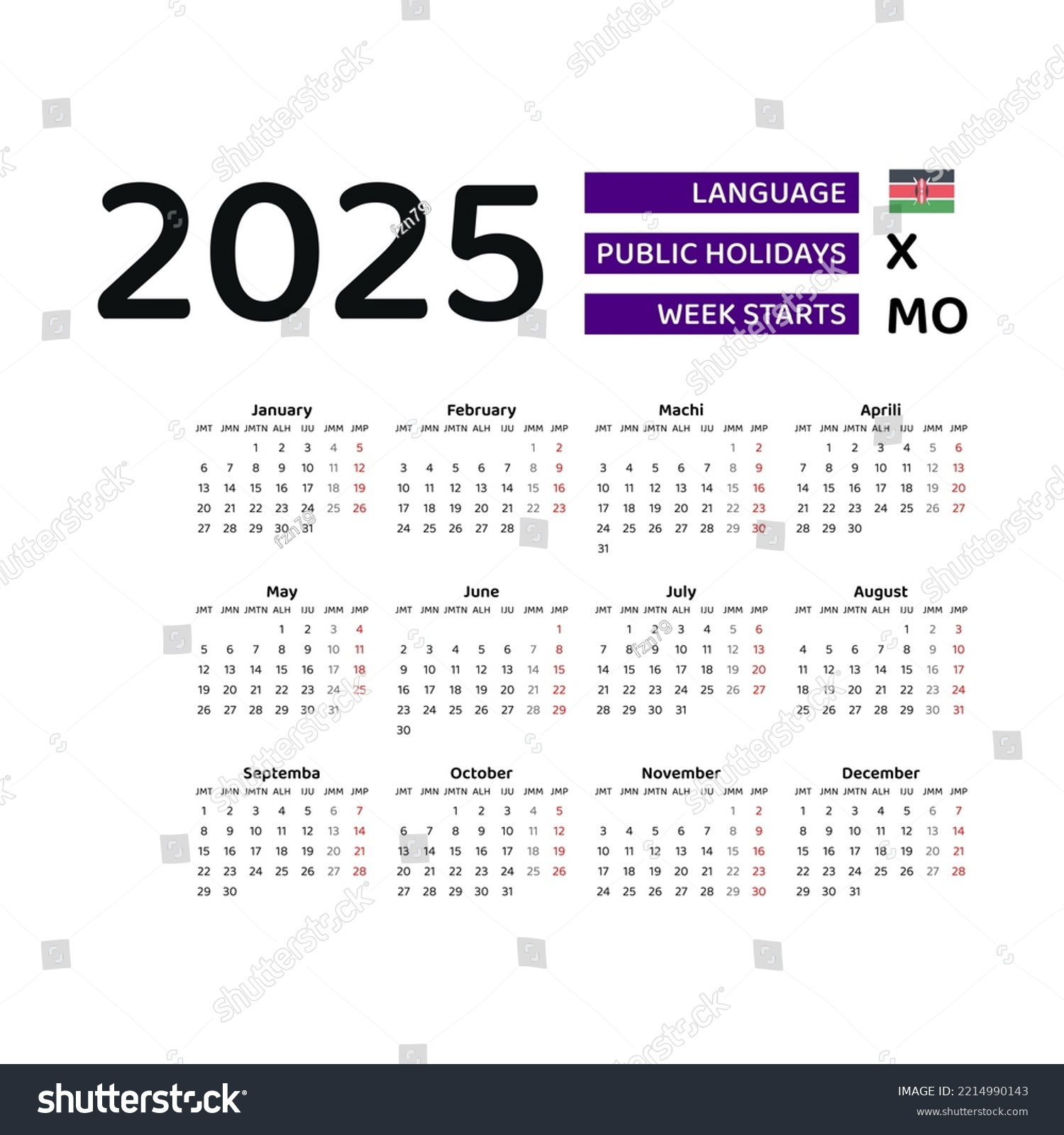 Kenya Calendar 2025 Week Starts Monday Stock Vector (Royalty Free - Printable Calendar 2025 Kenya