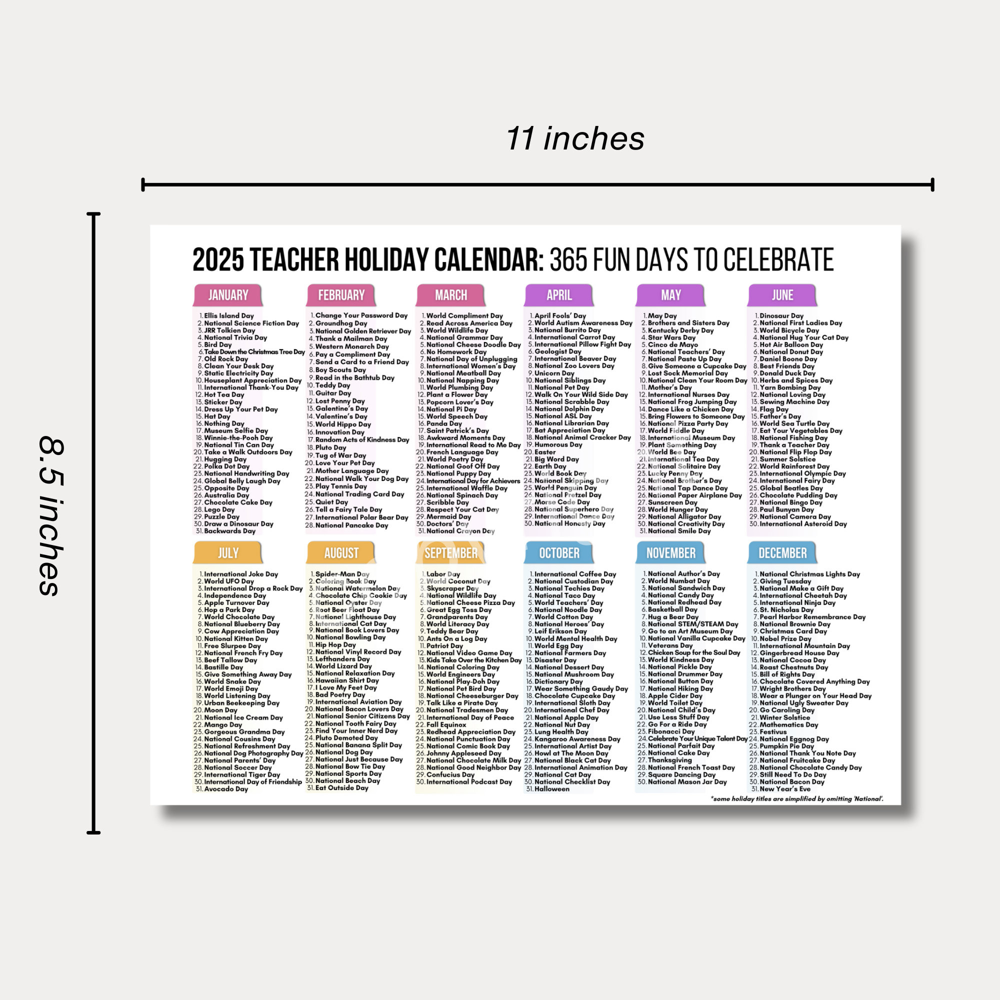 Lehrer National Tage Kalender Printable | 2024 Und 2025 Nationale Feiertage-Kalender | Fun Content Kalender 2024, 2025 I Schräge Feiertage - 2025 Fun Holiday Calendar Printable