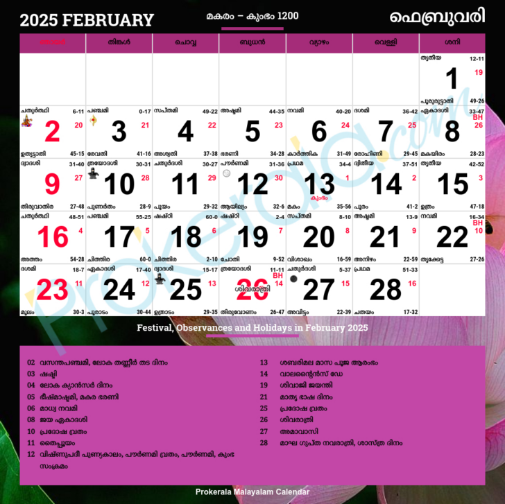 Printable Calendar 2025 Malayalam with Holidays