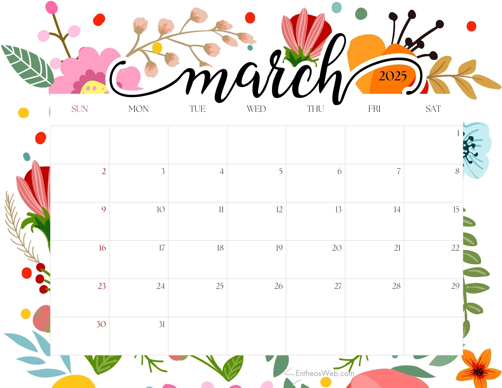 March 2025 Calendar Free Pdf Printables | Entheosweb - March Printable Calendar 2025 Free