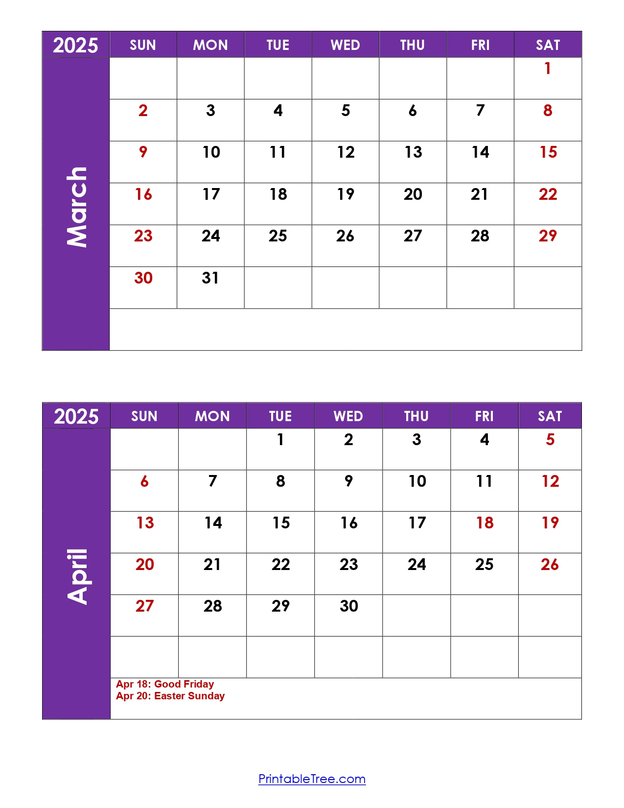 March And April 2025 Calendar Printable | Two Months Calendar - Printable Calendar 2025 March And April