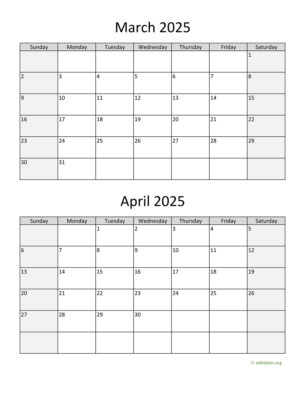 March And April 2025 Calendar | Wikidates - Printable Calendar 2025 March And April