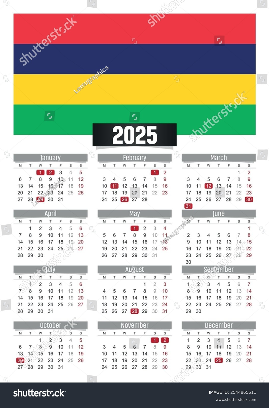 Mauritius August: Over 47 Royalty-Free Licensable Stock - Printable Calendar 2025 With Holidays Mauritius