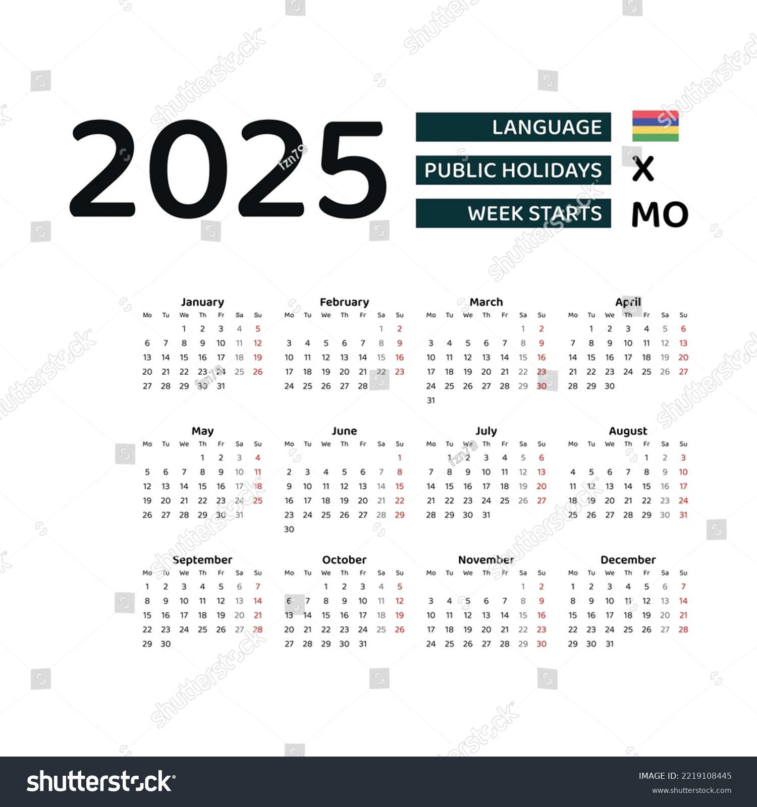 Mauritius Calendar 2025 Week Starts Monday Stock Vector (Royalty - Printable Calendar 2025 Mauritius