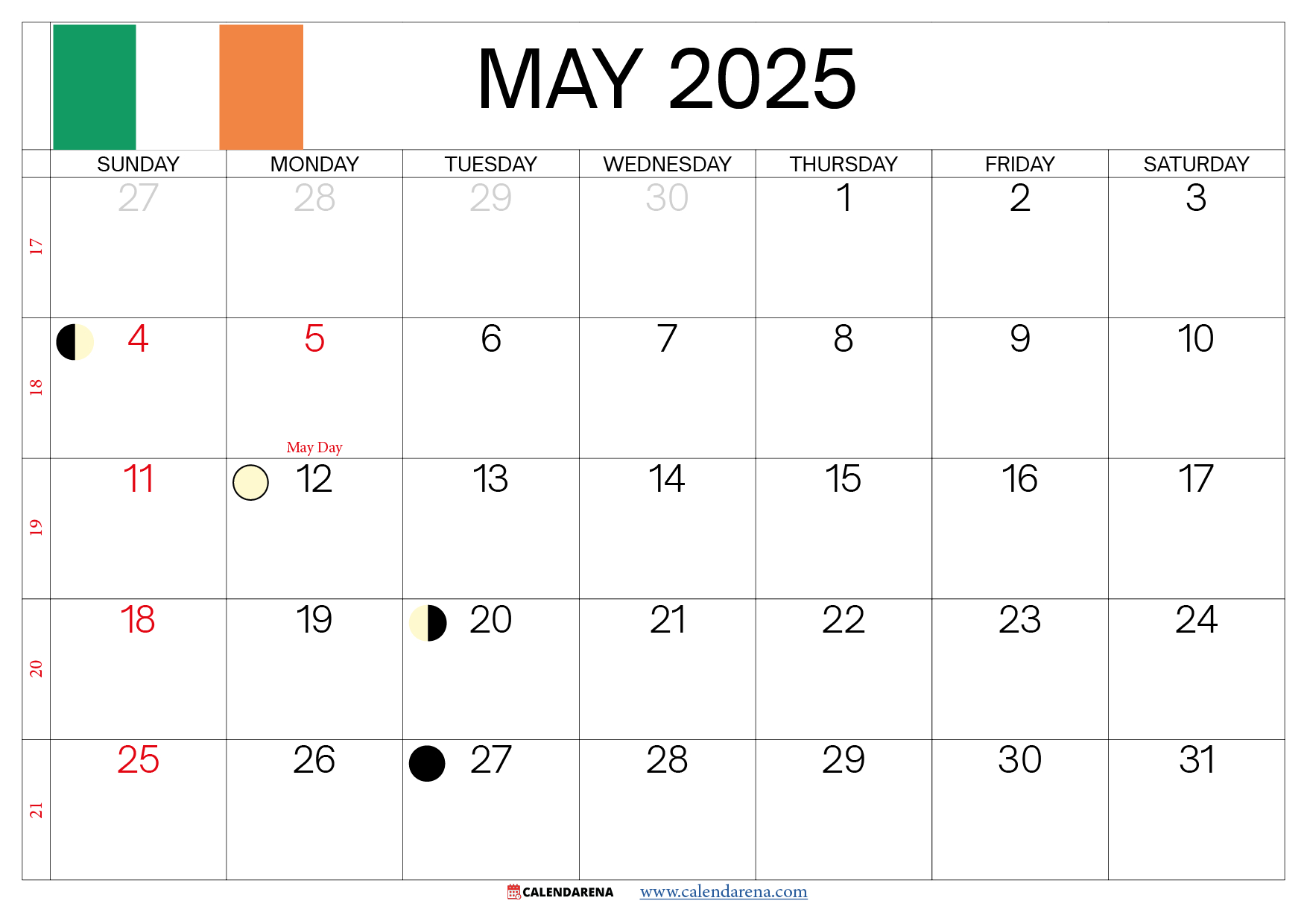 May 2025 Calendar Ireland - Printable Calendar 2025 Ireland