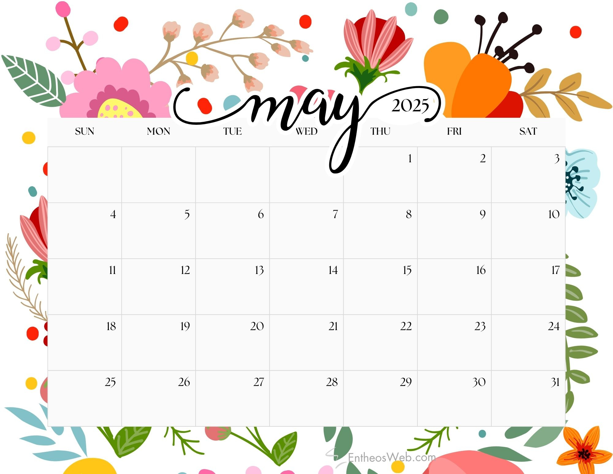 May 2025 Calendar Printables | Entheosweb - May Printable Calendar 2025 Free