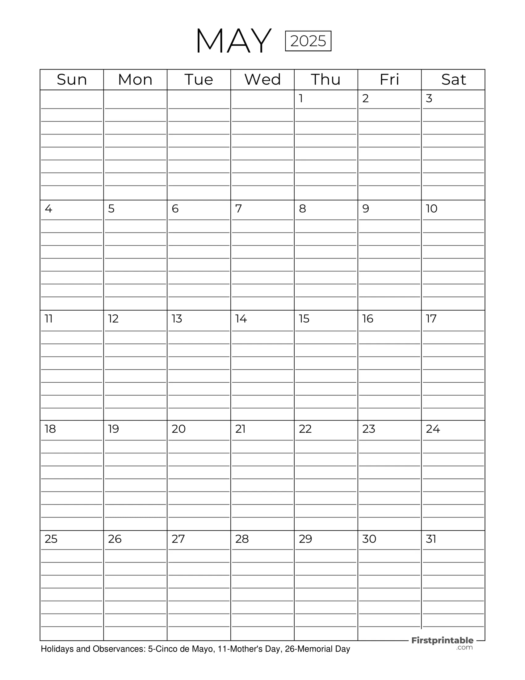 May 2025 Calendars - Free Printable &amp;amp; Fillable - May Printable Calendar 2025 With Lines