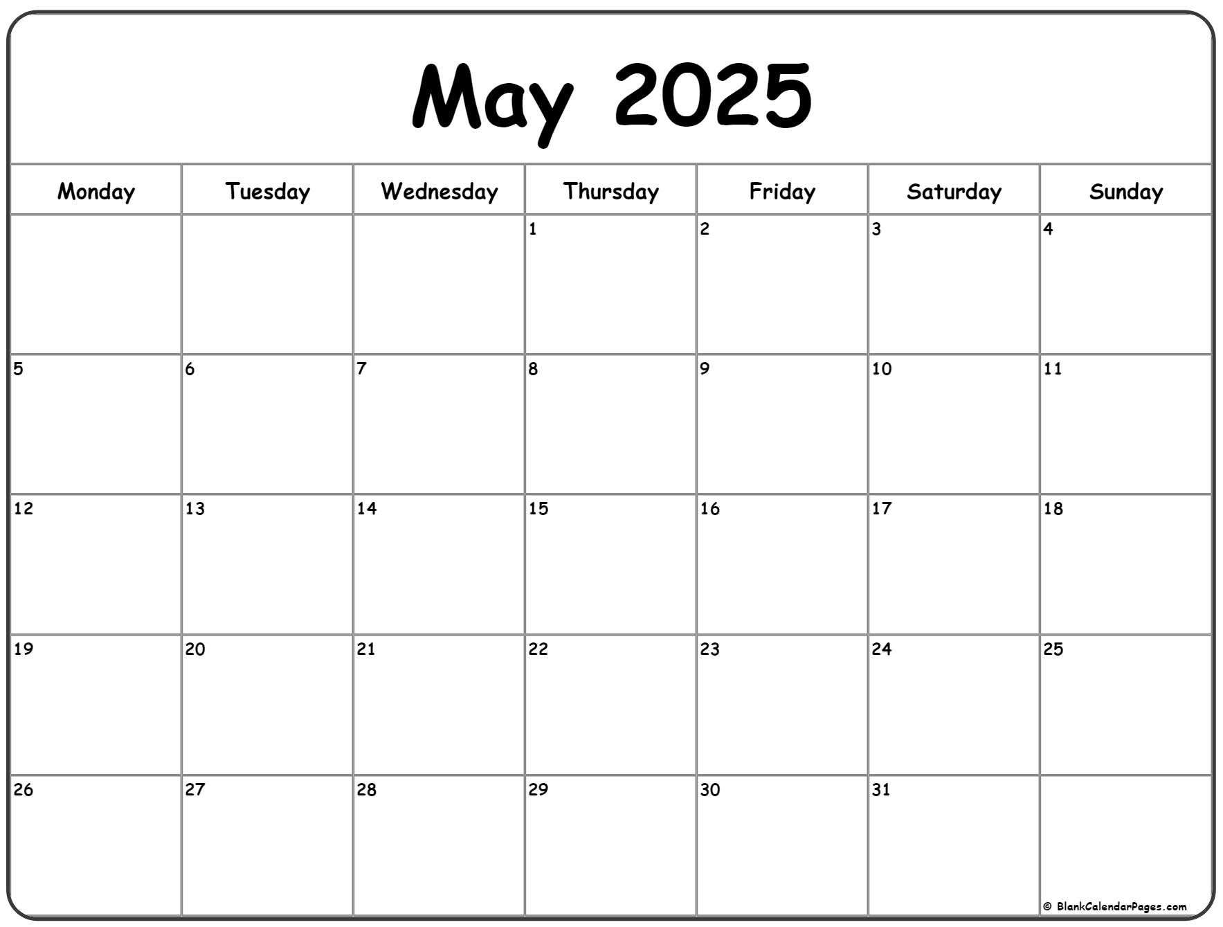 May 2025 Monday Calendar | Monday To Sunday - Free Printable Calendar 2025 Monday Start