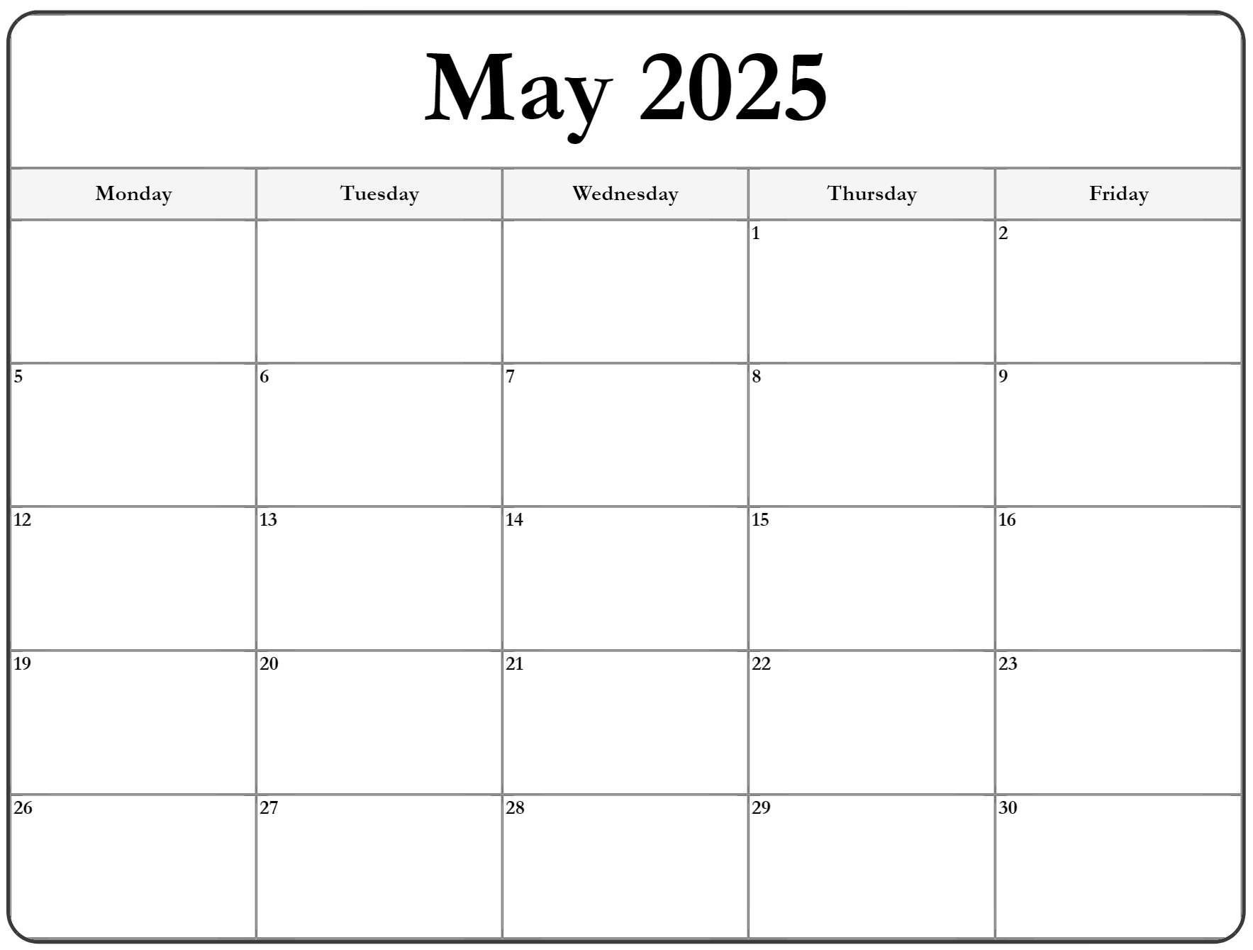 May 2025 Monday Calendar | Monday To Sunday - Printable Calendar 2025 Monday to Friday