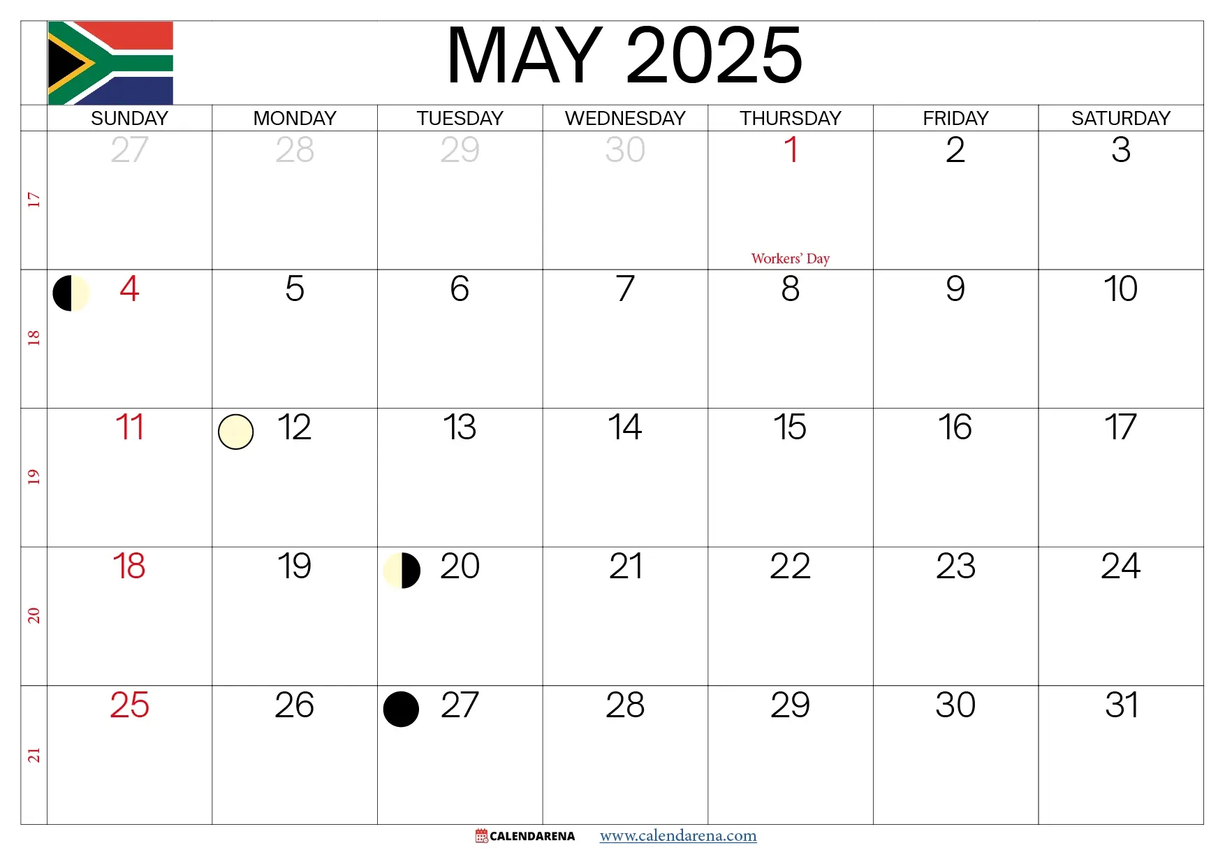 May Calendar 2025 South Africa With Holidays - Printable Calendar 2025 South Africa With Public Holidays