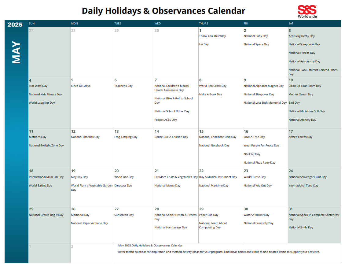 May Daily Holidays &amp;amp; Observances Printable Calendar - S&amp;amp;S Blog - May Printable Calendar 2025 With Holidays