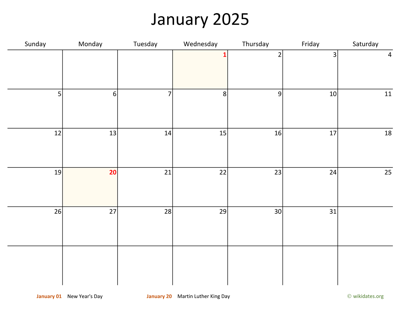 Monthly 2025 Calendar With Bigger Boxes | Wikidates - Printable Calendar 2025 Big Boxes