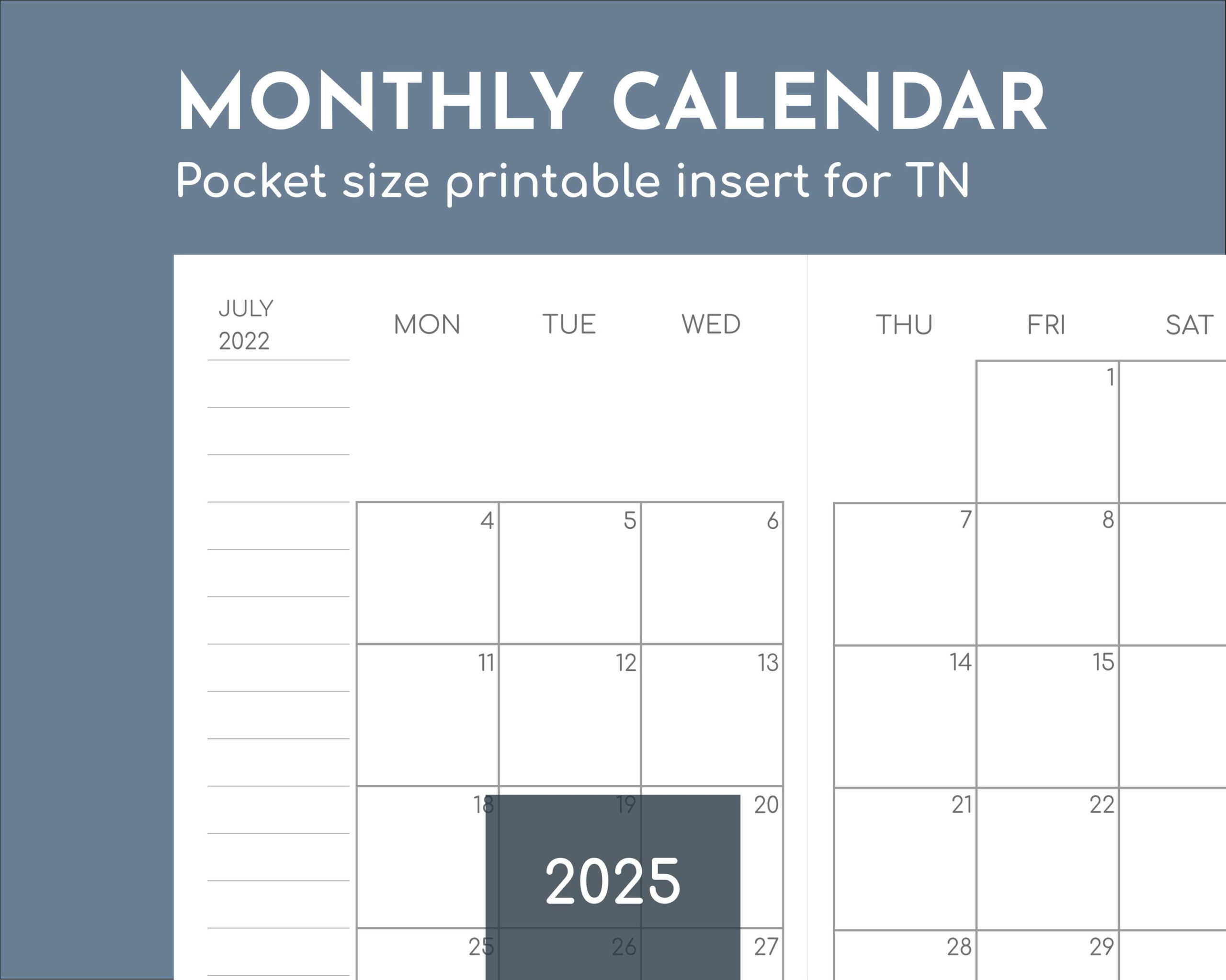Monthly Pocket Calendar 2025 Printable Travelers Insert, 3.5X5.5In - Printable Calendar 2025 Pocket Size