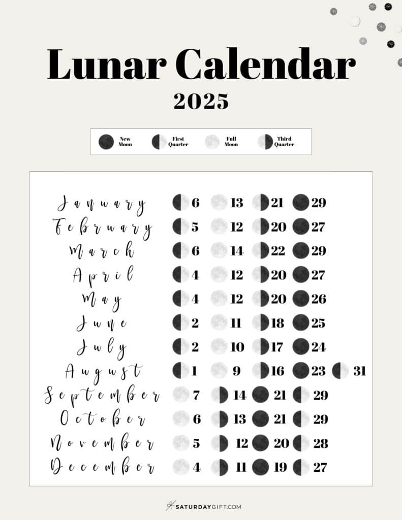Moon Phase Calendar - 12 Cute &amp;amp; Free Printable 2025 Lunar Calendars - Free Printable Lunar Calendar 2025
