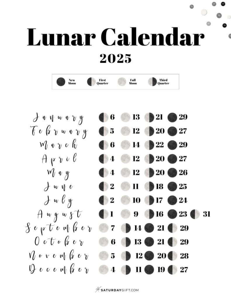 Moon Phase Calendar - 12 Cute &amp;amp; Free Printable 2025 Lunar Calendars - Free Printable Moon Phase Calendar 2025