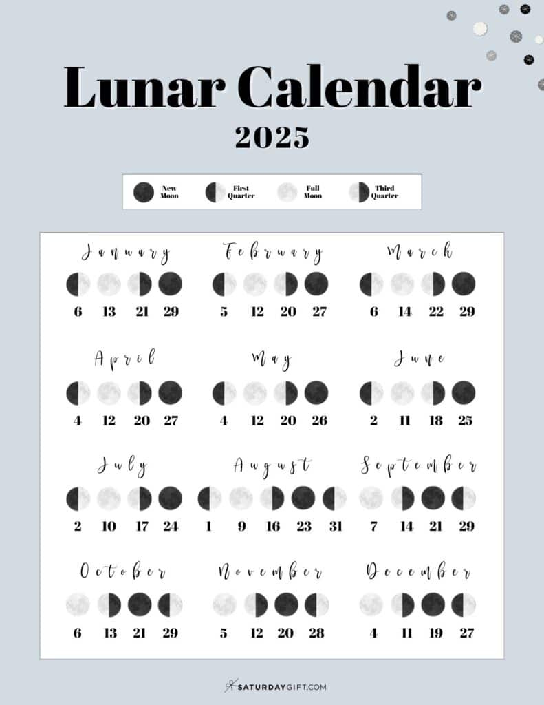 Moon Phase Calendar - 12 Cute &amp;amp; Free Printable 2025 Lunar Calendars - Full Moon Calendar 2025 Printable
