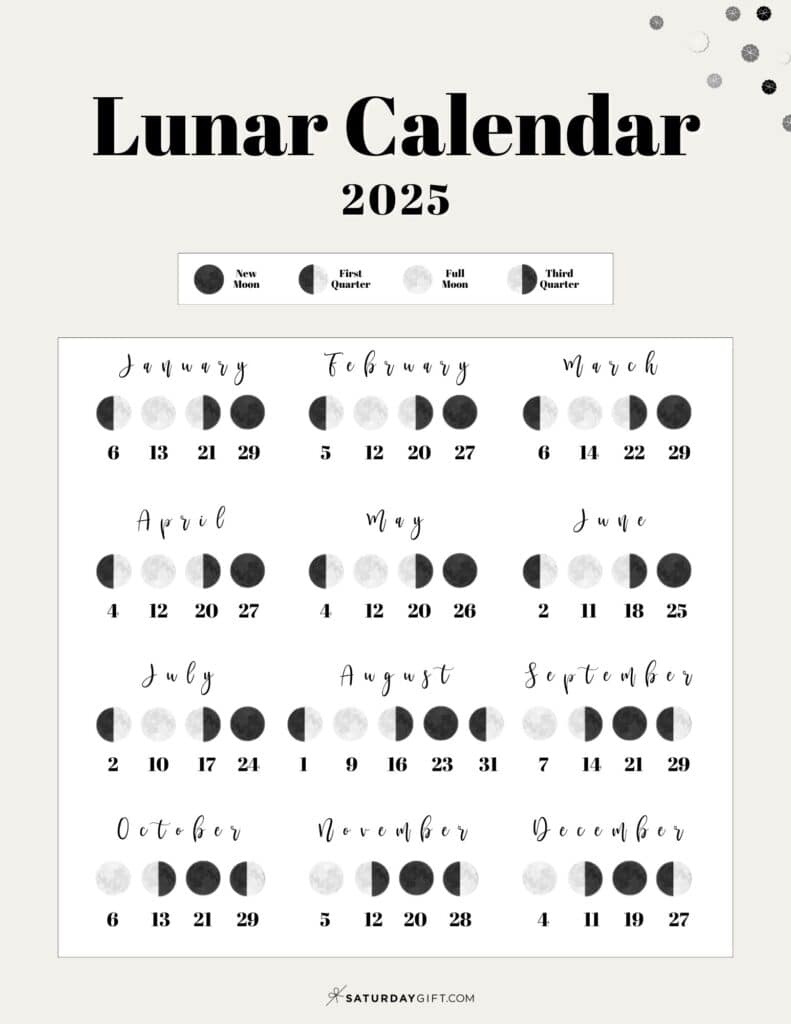 Moon Phase Calendar - 12 Cute &amp;amp; Free Printable 2025 Lunar Calendars - Printable Calendar 2025 with Lunar Dates
