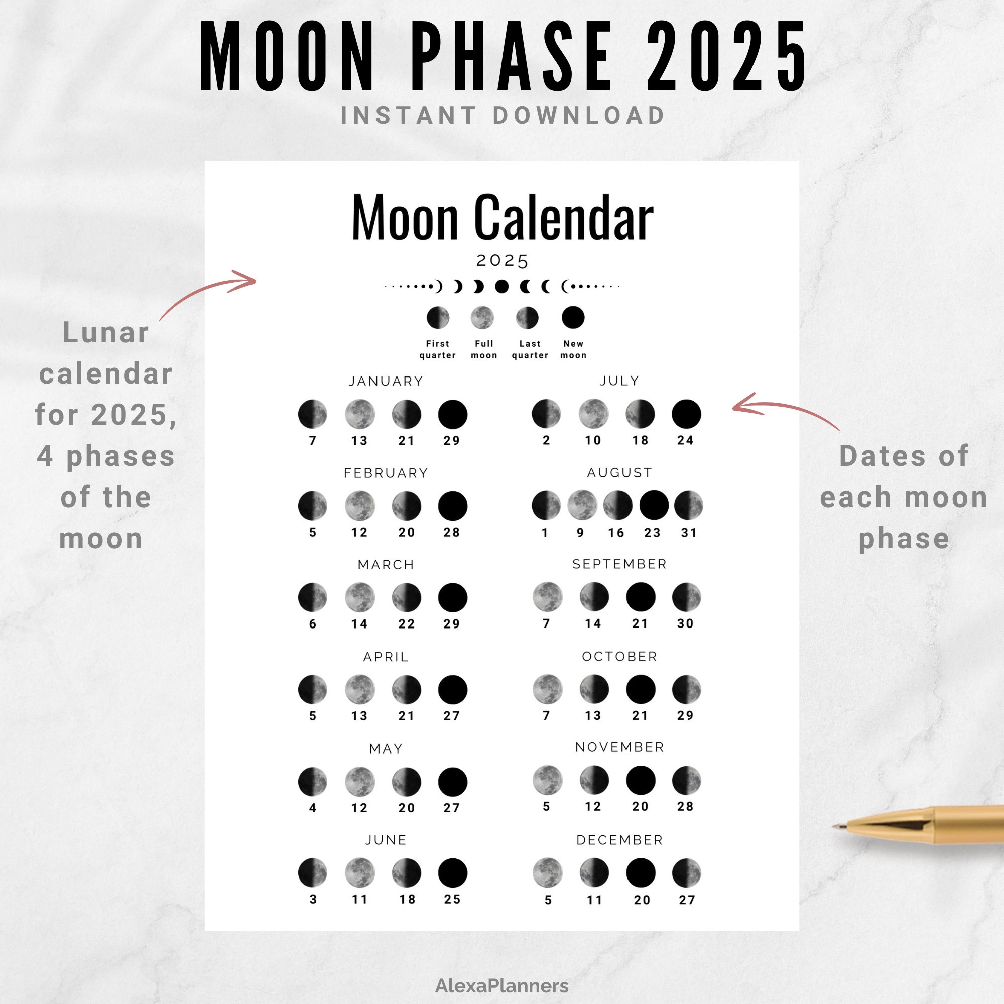 Moon Phase Calendar 2025, A4 / Letter Size Lunar Calendar - Etsy - 2025 Moon Phases Calendar Printable