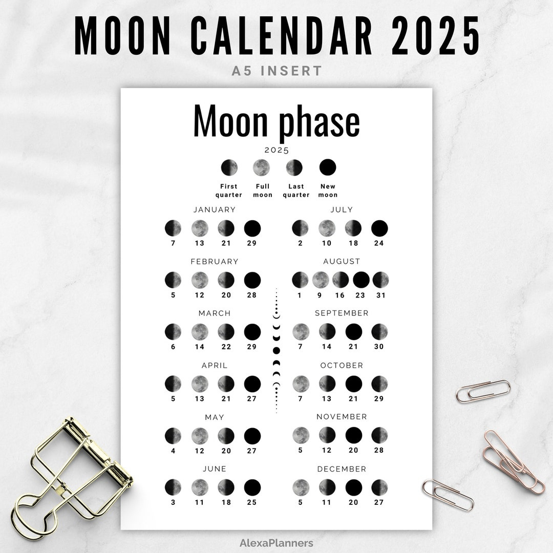 Moon Phase Calendar 2025, Lunar Calendar, A5 Planner Inserts - Etsy - 2025 Moon Phase Calendar Printable
