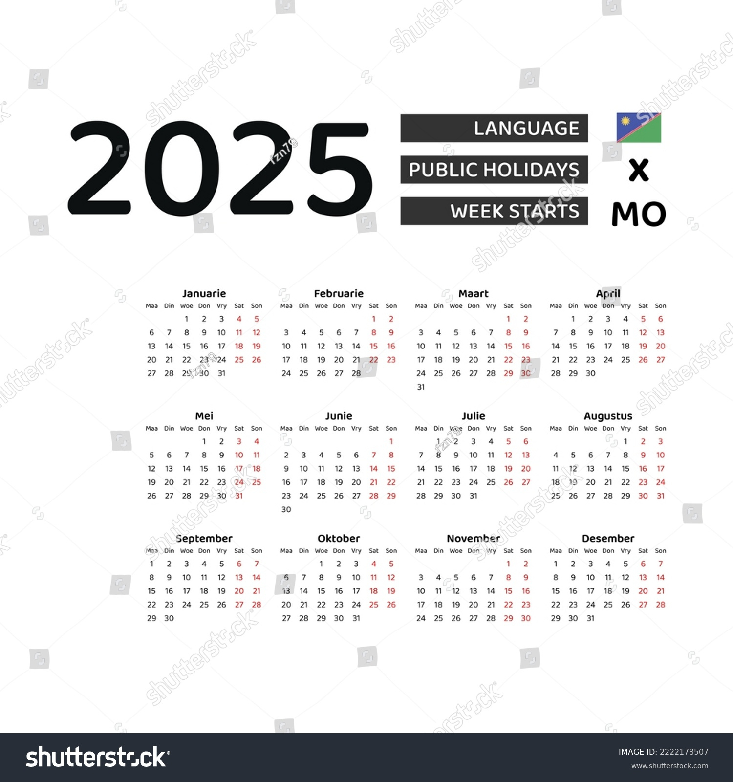 Namibia-Kalender 2025. Die Woche Beginnt Am: Stock-Vektorgrafik - Printable Calendar 2025 Namibia
