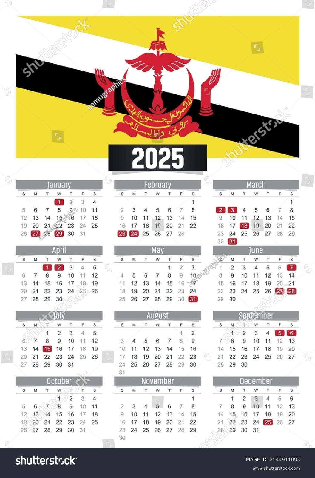 Neujahrskalender 2025 Mit Brunei-Flagge Und Feiertage: Stock - Printable Calendar 2025 Brunei