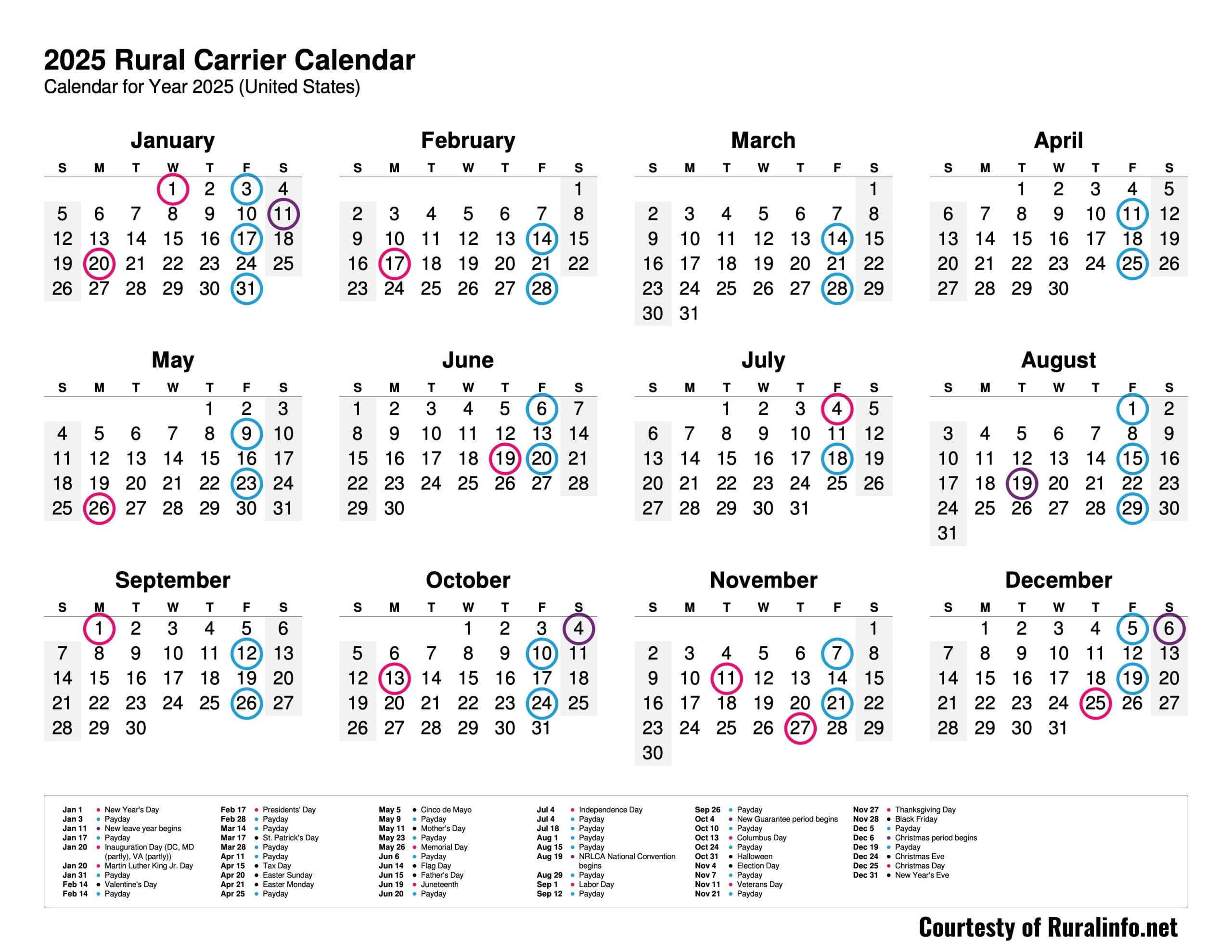 New Printable 2025 Rural Carrier Calendar - Ruralinfo - Postal Calendar 2025 Printable