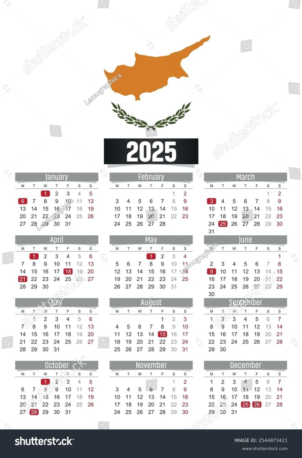 New Year 2025 Calendar Cyprus Flag Stock Vector (Royalty Free - Printable Calendar 2025 Cyprus