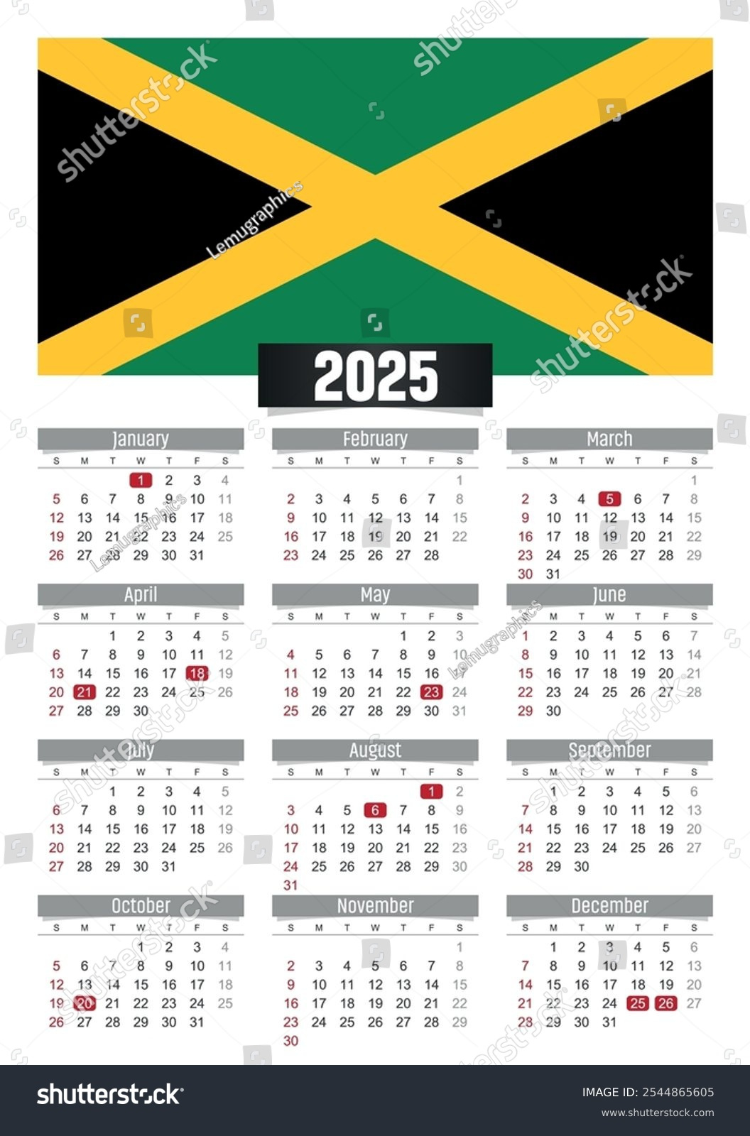 New Year 2025 Calendar Jamaica Flag Stock Vector (Royalty Free - Printable Calendar 2025 Jamaica