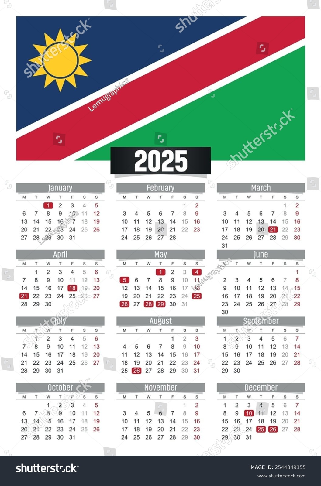 New Year 2025 Calendar Namibia Flag Stock Vector (Royalty Free - Printable Calendar 2025 Namibia