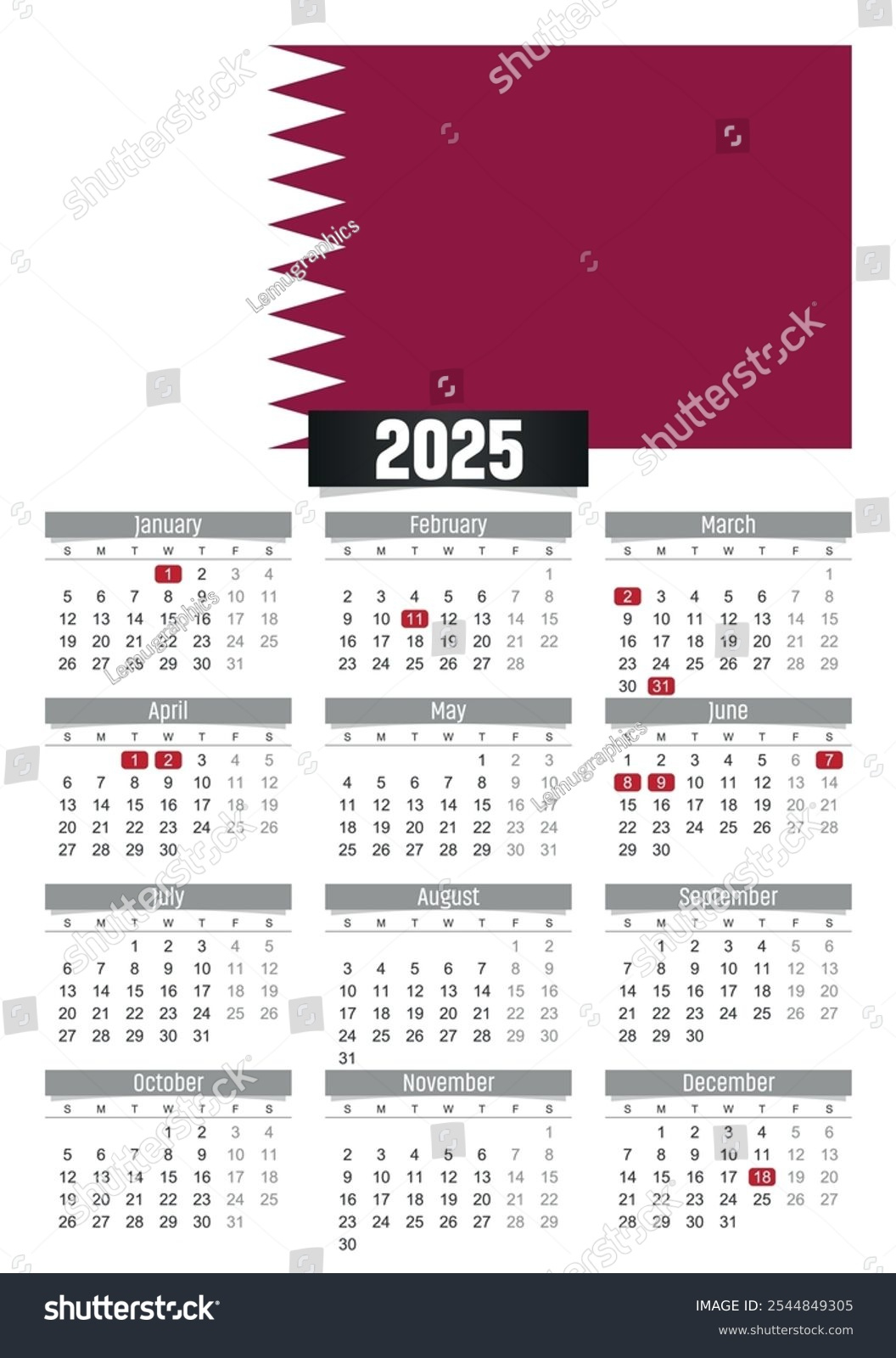New Year 2025 Calendar Qatar Flag Stock Vector (Royalty Free - Printable Calendar 2025 Qatar