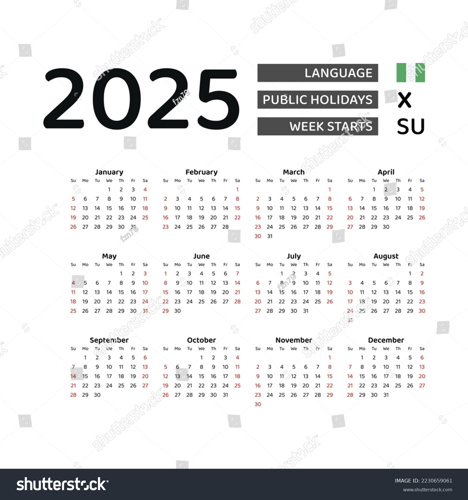 Nigeria Calendar 2025 Week Starts Sunday Stock Vector (Royalty - Printable Calendar 2025 With Igbo Market Days