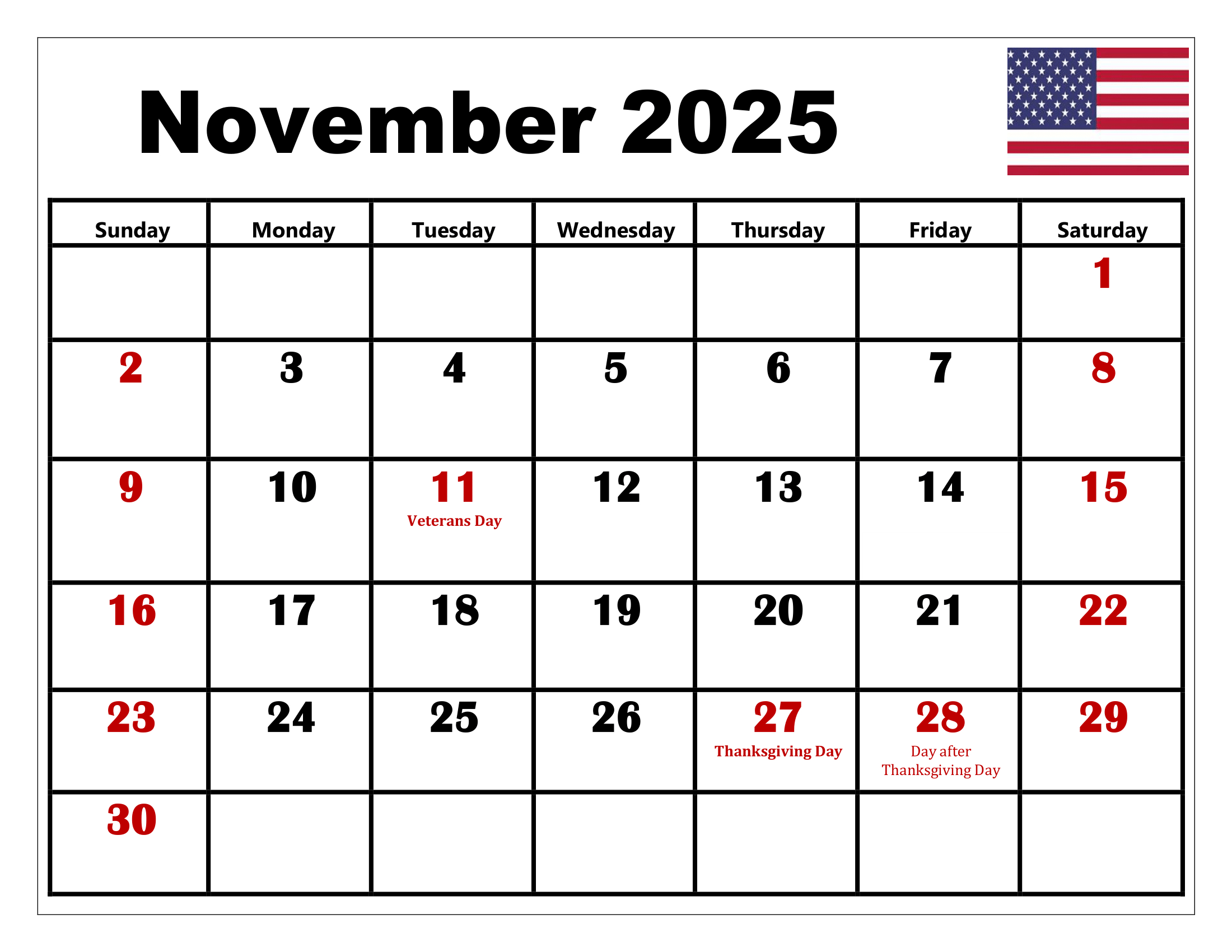 November 2025 Calendar Printable Pdf Template With Holidays - November 2025 Calendar With Holidays Printable Free
