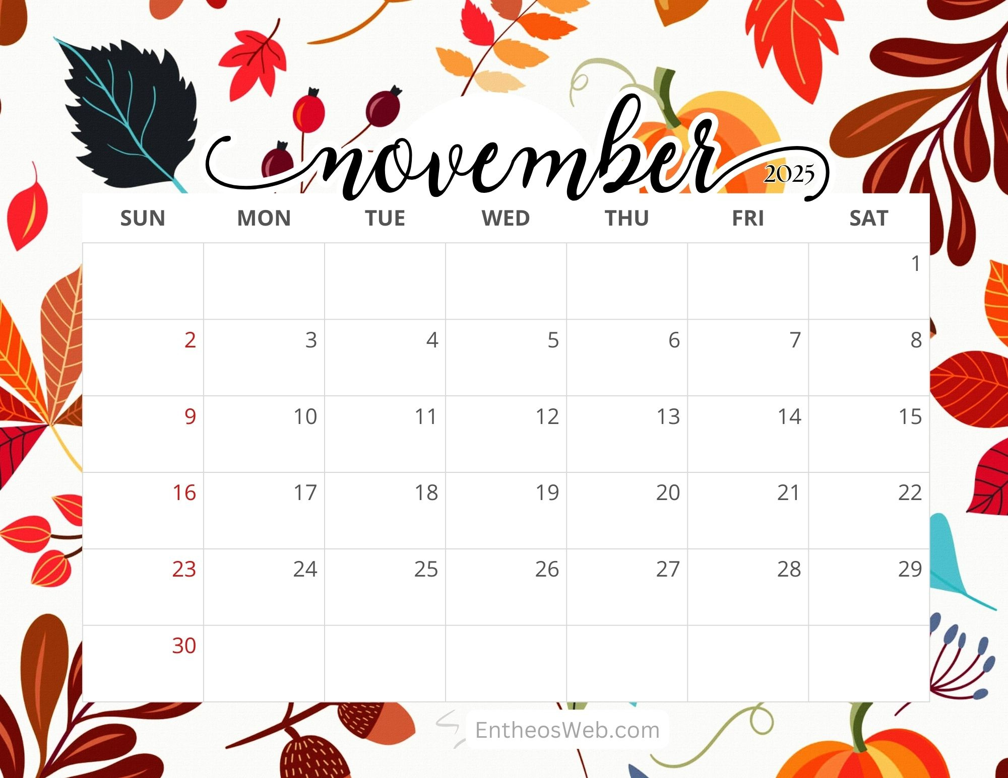 November 2025 Calendar Printables | Entheosweb - November Printable Calendar 2025