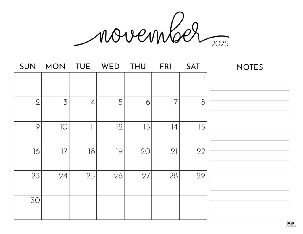 November 2025 Calendars - 107 Free Printables | Printabulls - November 2025 Calendar With Holidays Printable Free