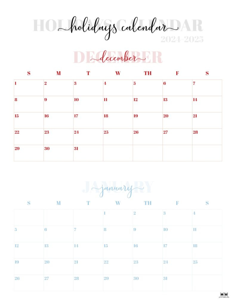 November December 2024 Calendars - 28 Printables | Printabulls - Printable Calendar Dec 2024 Jan 2025