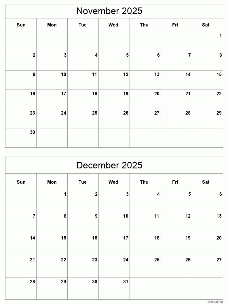 November To December 2025 Printable Calendar | Two Months Per Page - Printable Calendar 2025 2 Months