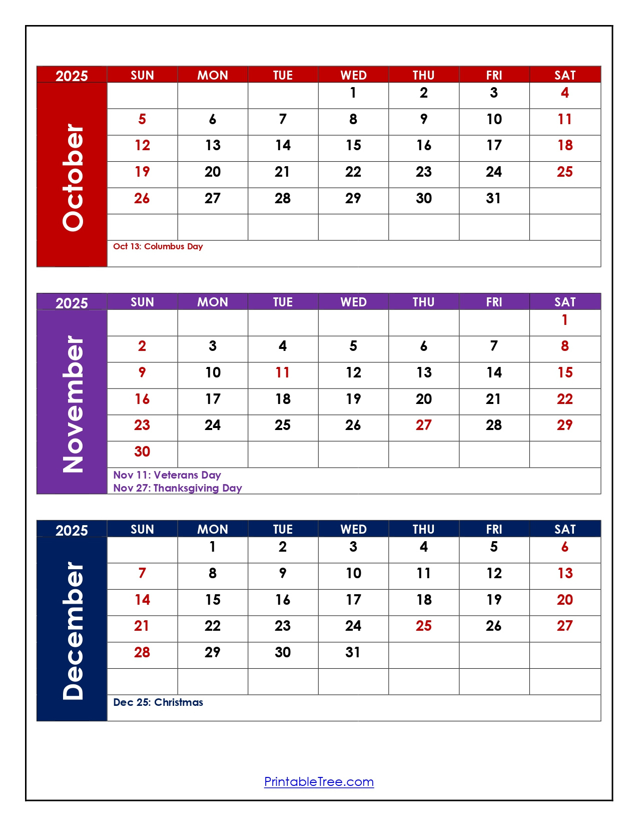 October To December 2025 Calendar Printable Pdf | Three Months - October November December 2025 Calendar Printable