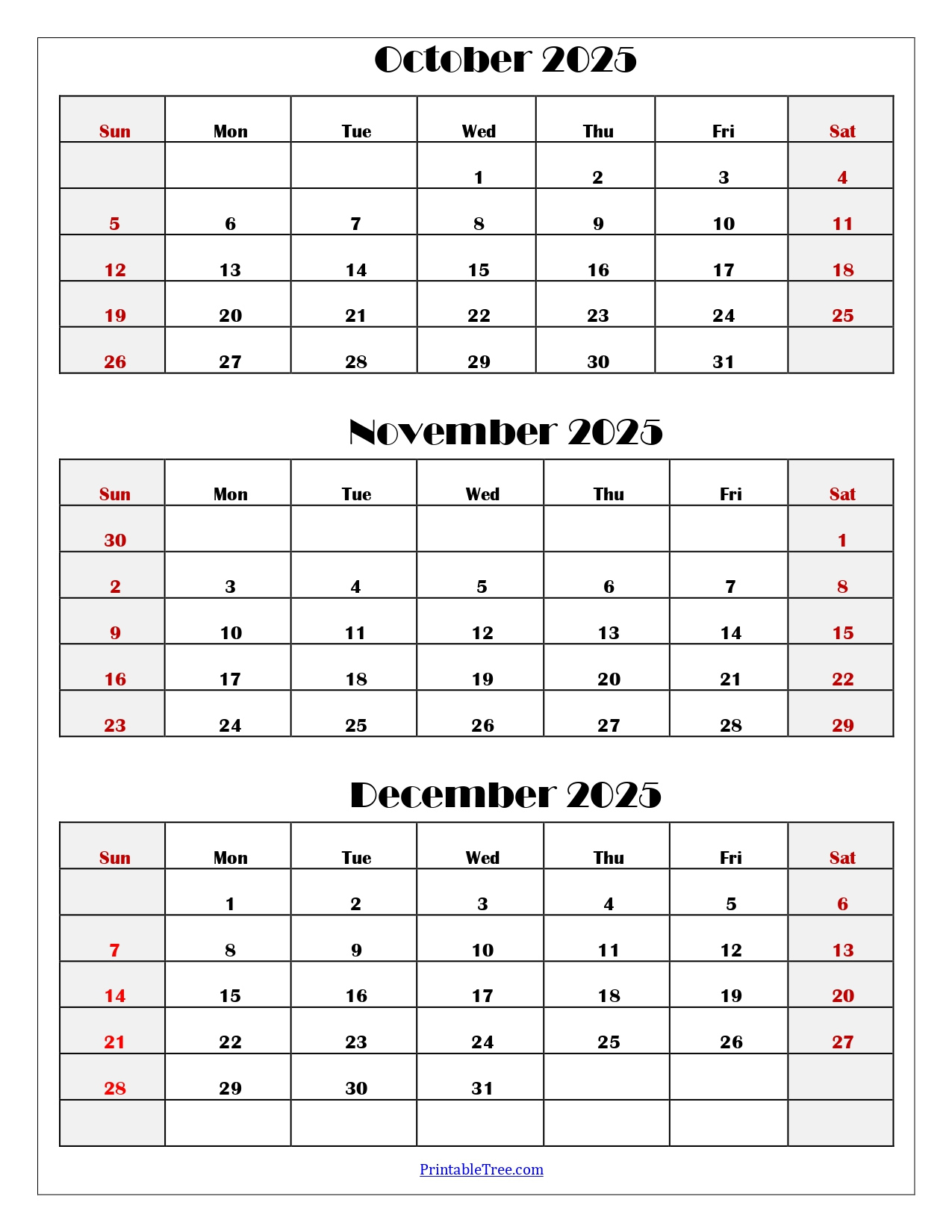 October To December 2025 Calendar Printable Pdf | Three Months - October November December 2025 Calendar Printable