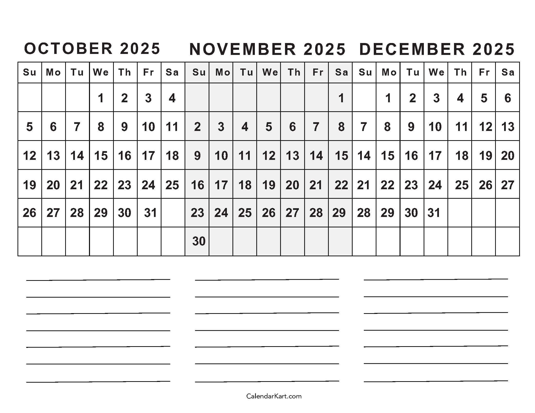 October To December 2025 Calendar (Q4) - Calendarkart - October November December 2025 Calendar Printable