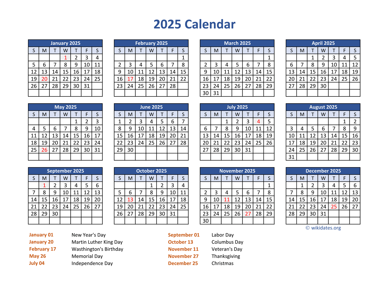 Pdf Calendar 2025 With Federal Holidays | Wikidates - Printable Calendar 2025 Wiki