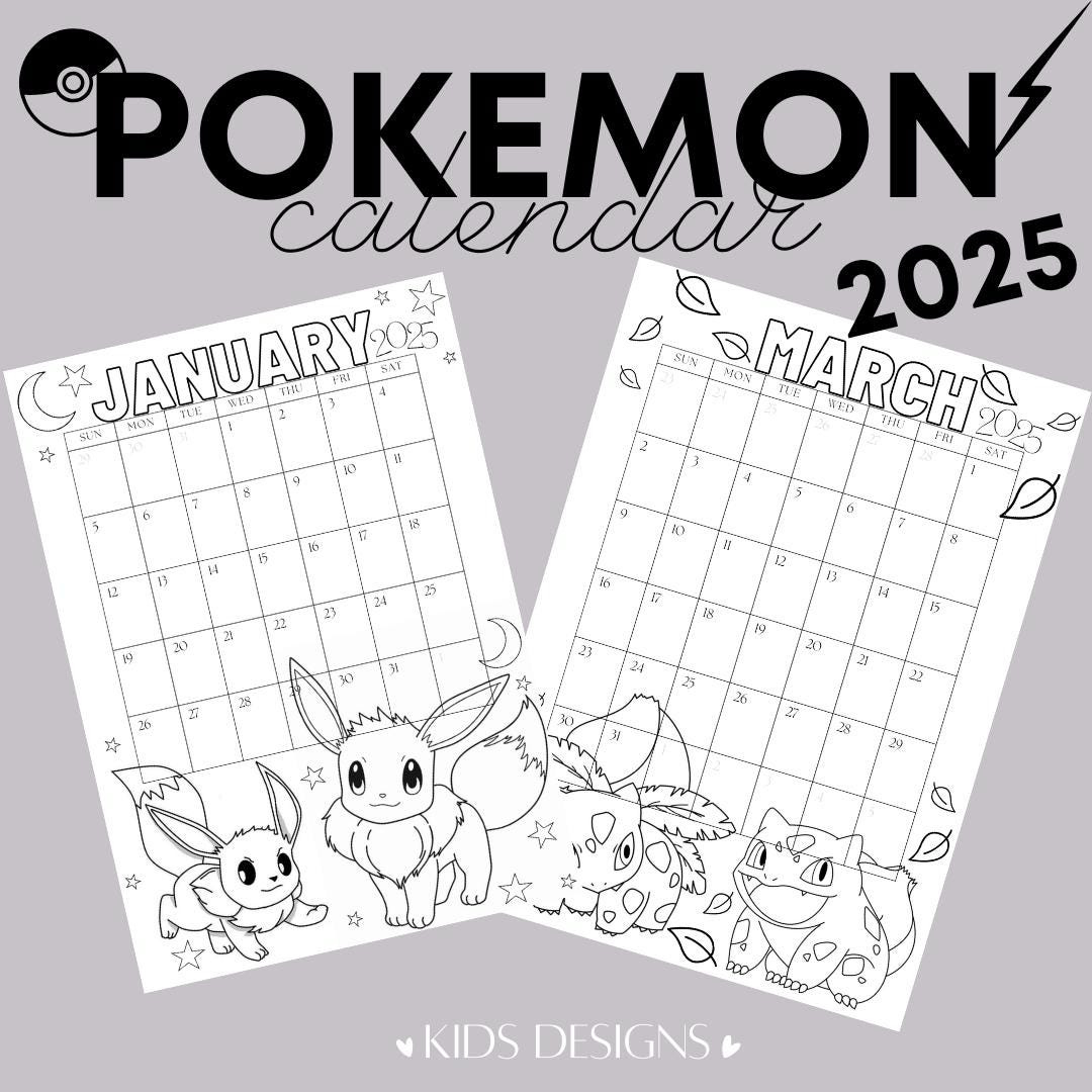 Pokemon Calendar 2025, Coloring Pages Calendar, Kids Calendar Printable, Pikachu, Home-School Calendars, Kids Monthly Calendar, A3 And A4 - Free Printable Pokemon Calendar 2025