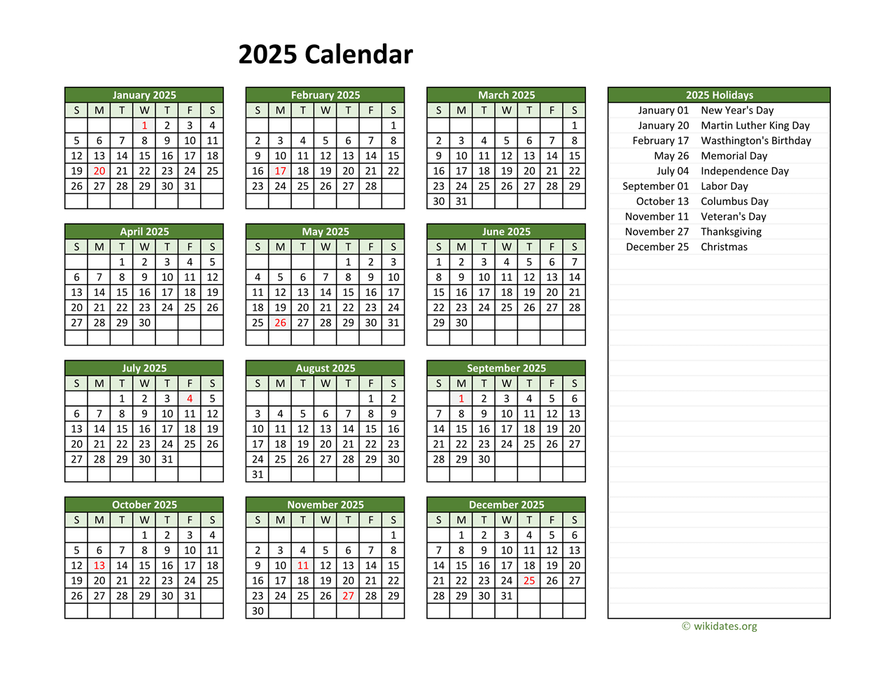 Printable 2025 Calendar With Federal Holidays | Wikidates - 2025 Calendar with Federal Holidays Printable Free