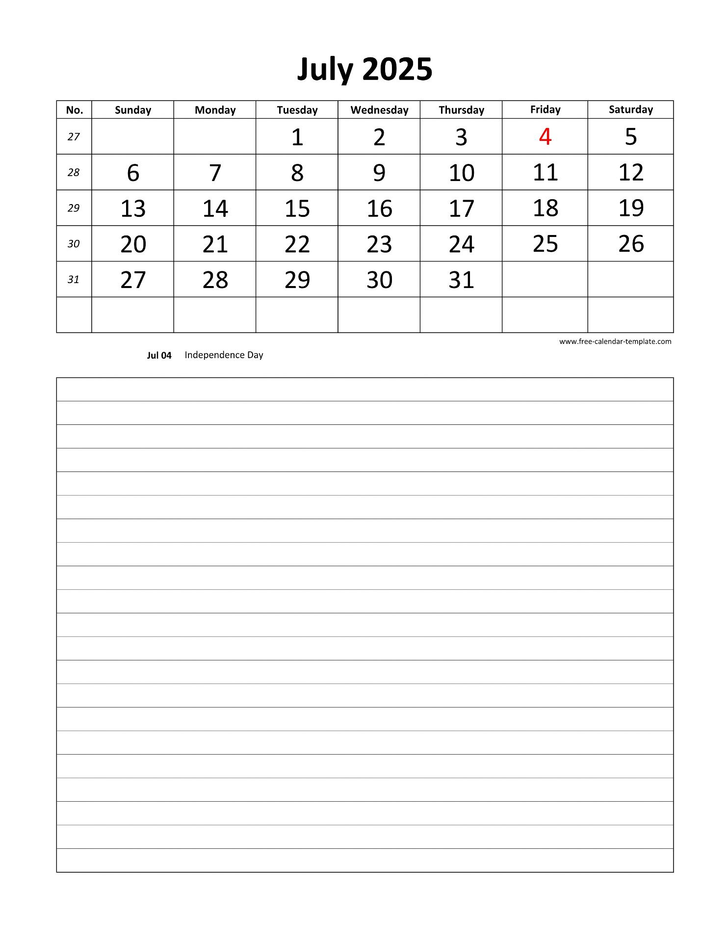 Printable 2025 July Calendar Grid Lines For Daily Notes (Vertical - Printable Calendar 2025 Daily
