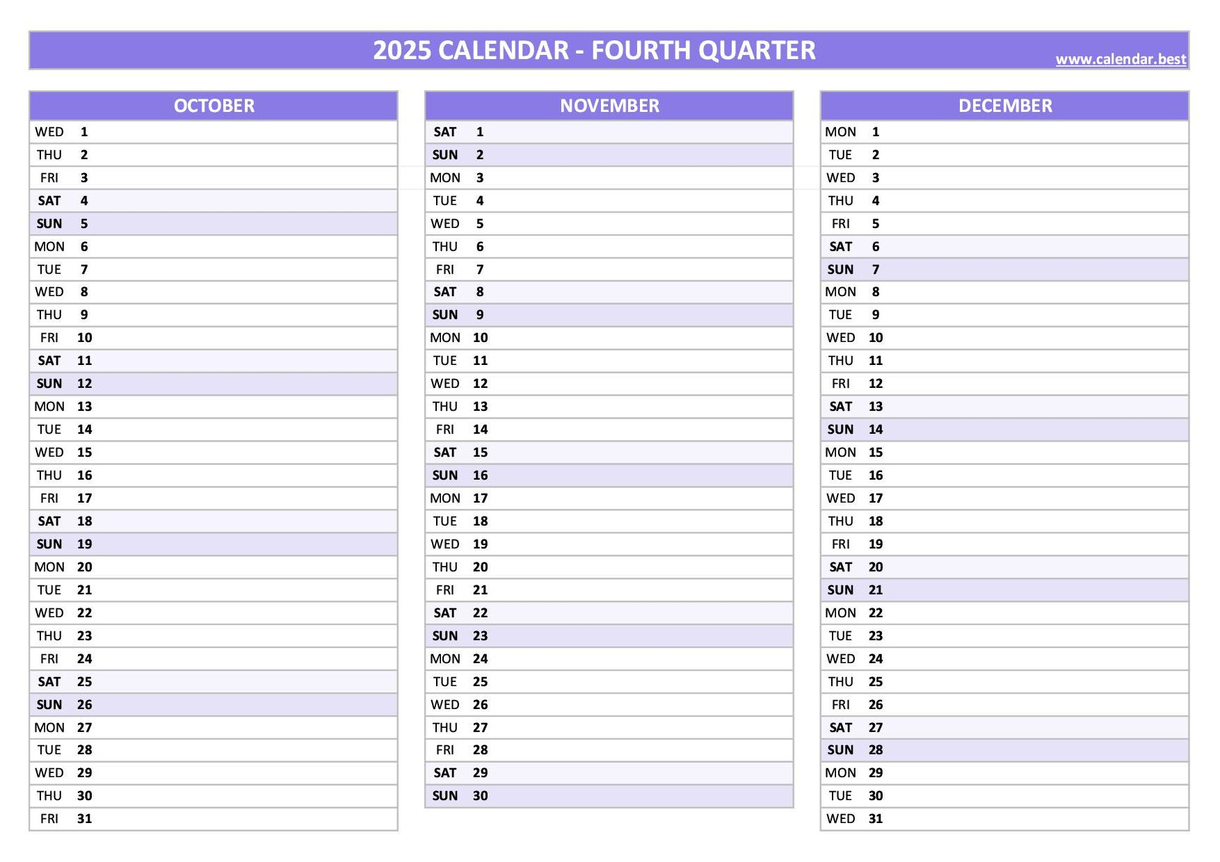 Printable 4Th Quarter 2025 Calendar - Printable Calendar 2025 Quarterly