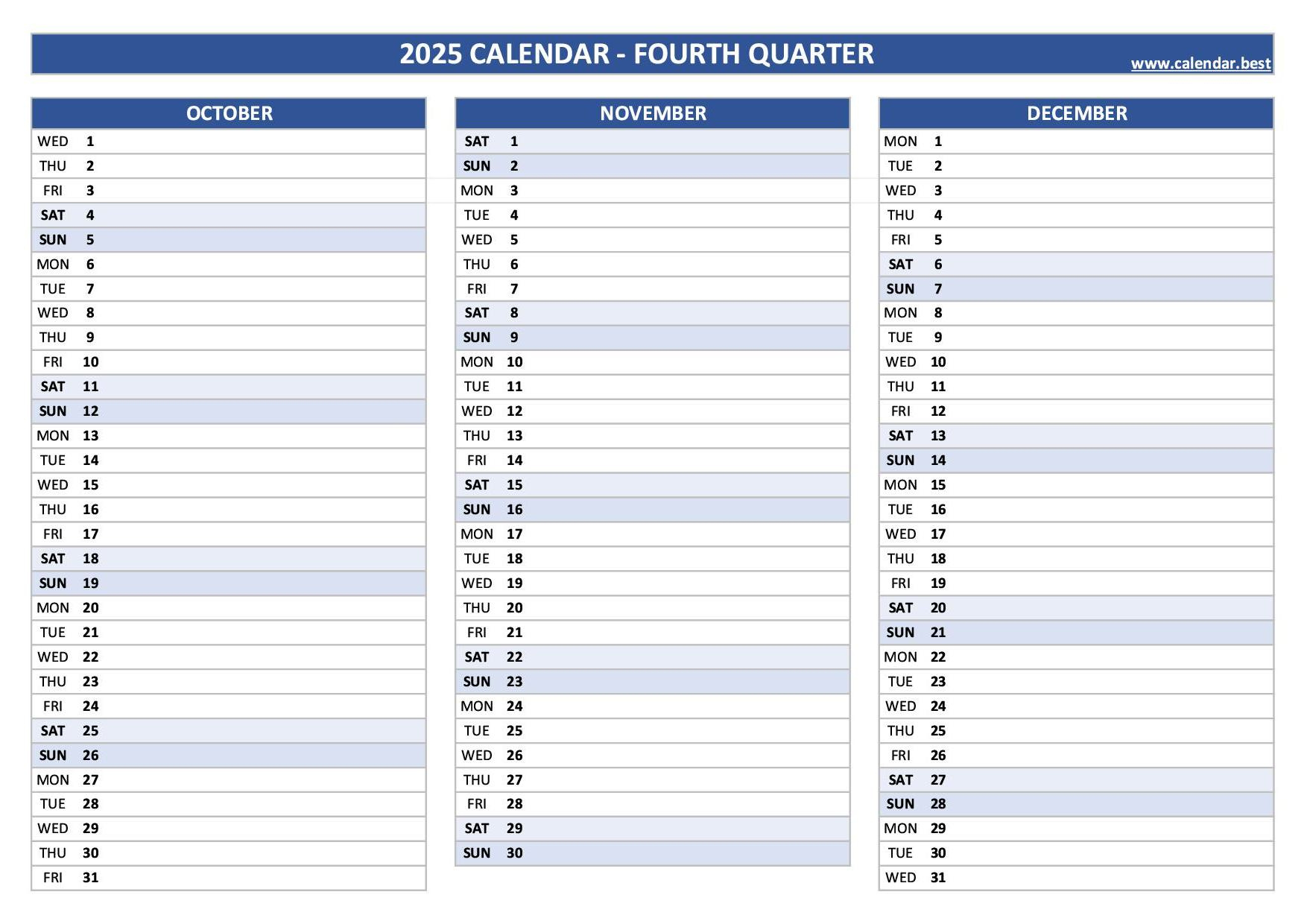 Printable 4Th Quarter 2025 Calendar - Quarterly Calendar 2025 Printable Free