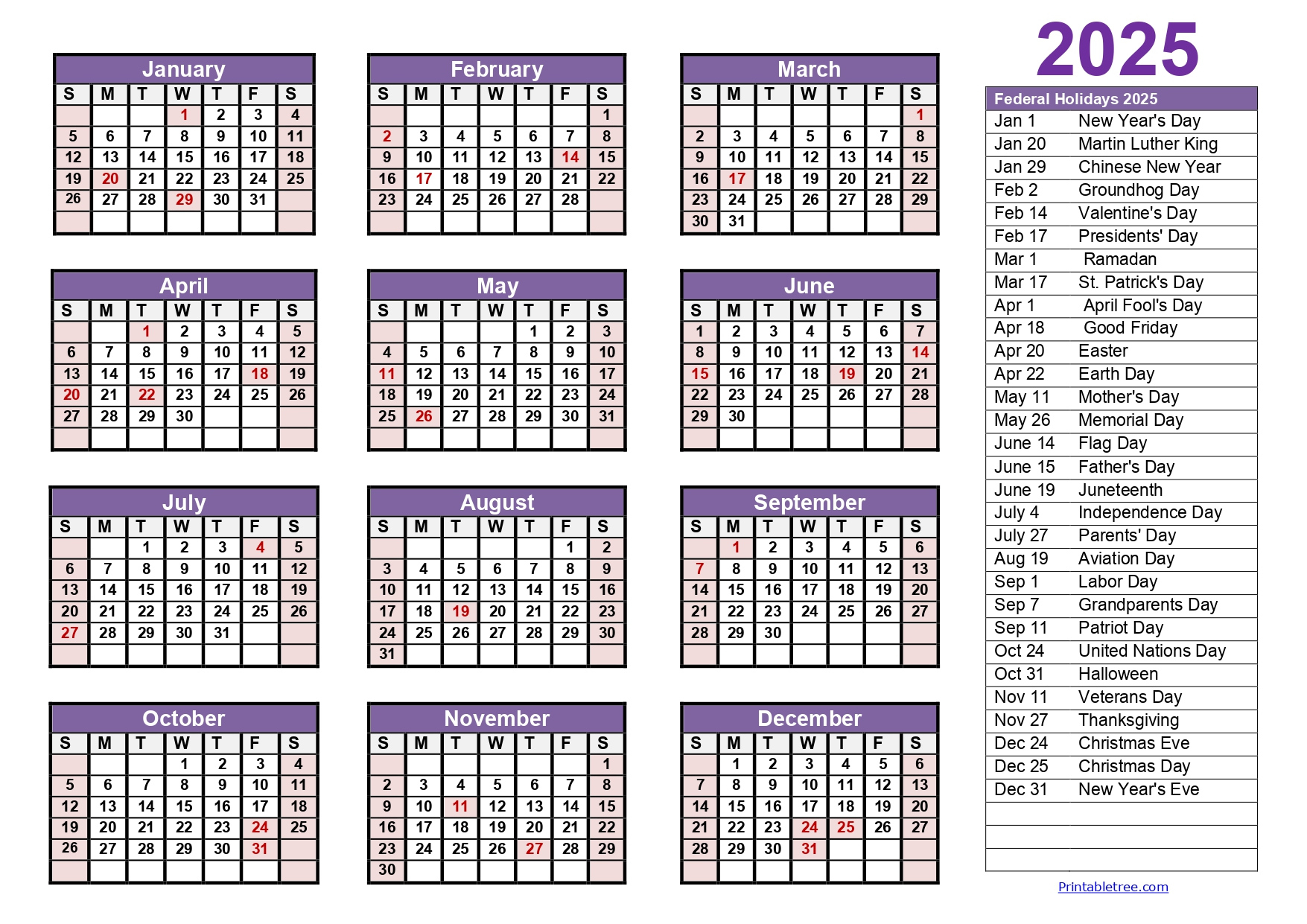 Printable Calendar 2025 One Page With Holidays (Single Page) 2025 - Printable Calendar 2025 All On One Page