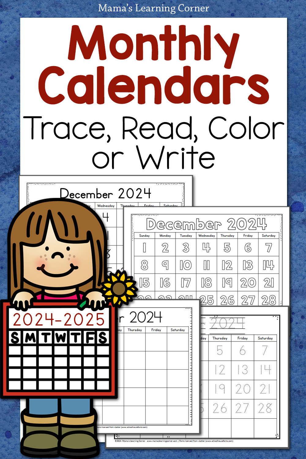 Printable Monthly Calendar 2024-2025: Trace, Read, Color, Or Write - Free Printable Kids Calendar 2025 Monthly