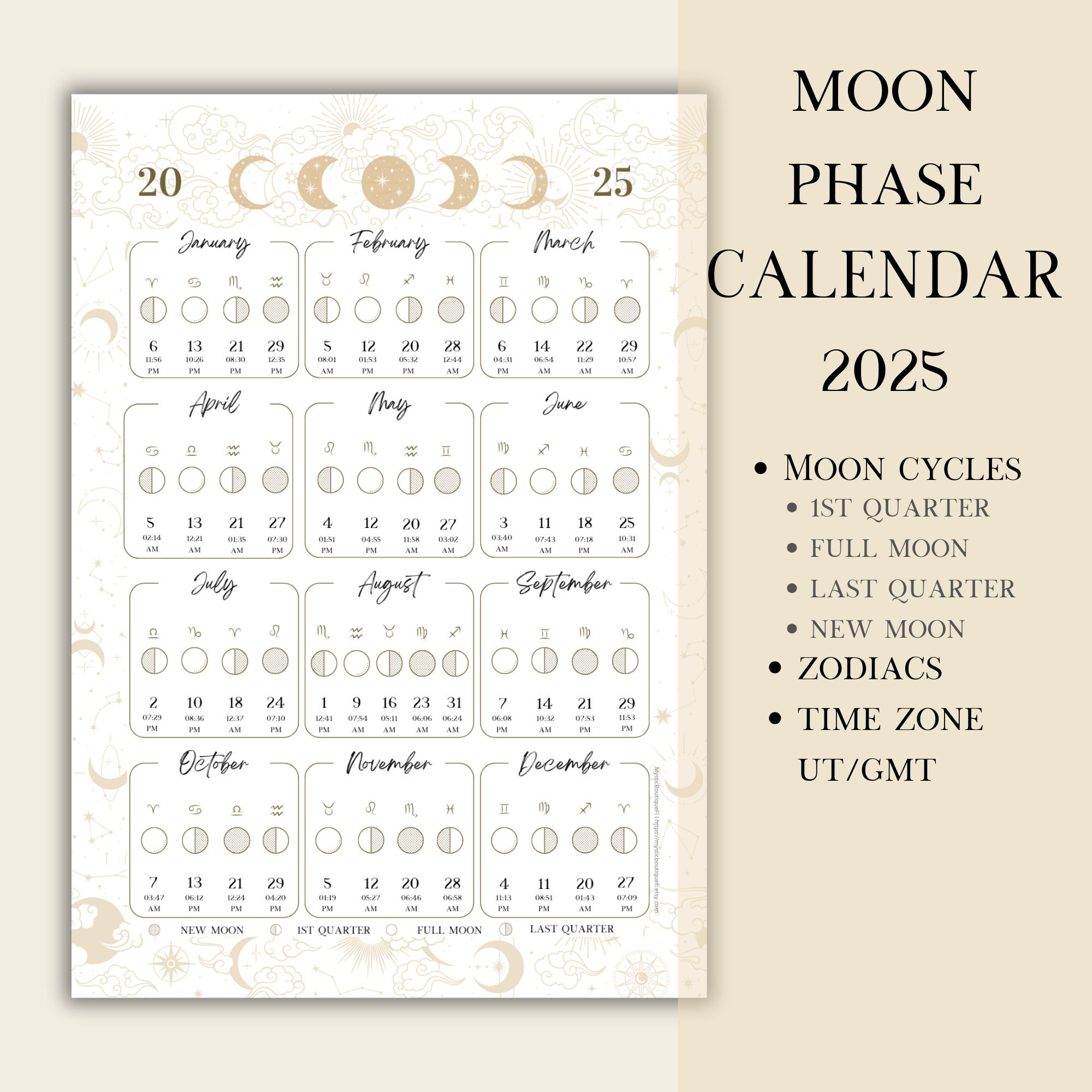 Printable Pdf Lunar Calendar, Moon Phase Calendar 2025 - Etsy Canada - Printable Lunar Calendar 2025