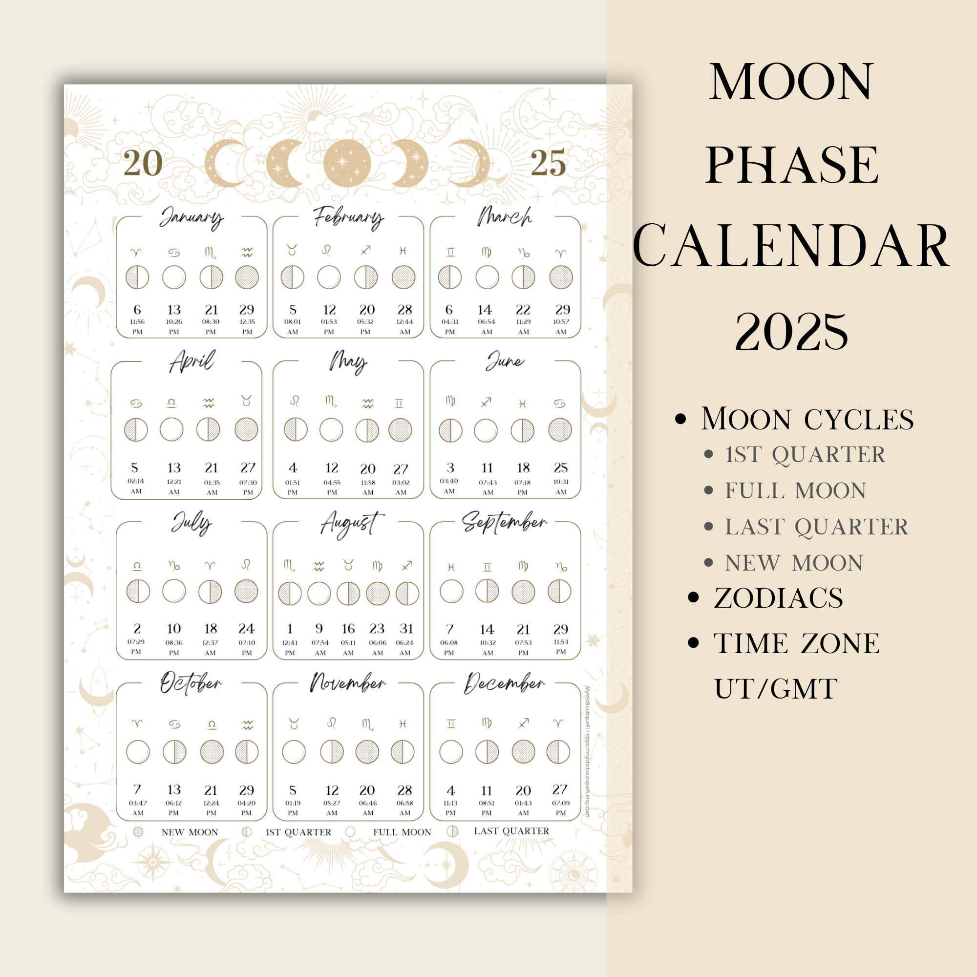 Printable Pdf Lunar Calendar, Moon Phase Calendar 2025 - Etsy - Free Printable Lunar Calendar 2025